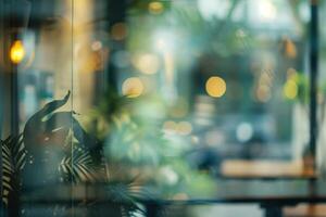 Blurred abstract coffee shop background, atmospheric cozy cafe interior shot. photo