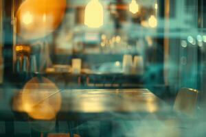 Blurred abstract coffee shop background, atmospheric cozy cafe interior shot. photo