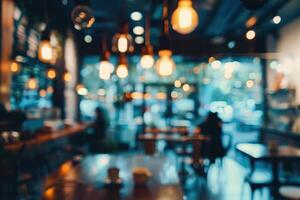 Blurred abstract atmospheric cafe background, soft lighting and cozy interior. photo
