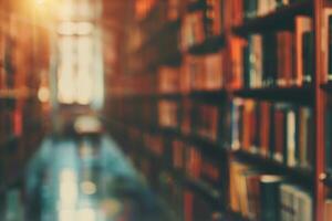 Soft blurred abstract library background with books, peaceful reading vibe. photo