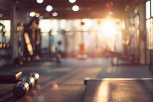 Blurred gym background with exercise machines, dynamic and energetic fitness space. photo
