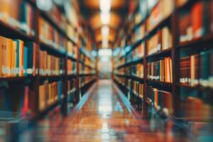 Soft blurred abstract library background with books, peaceful reading vibe. photo