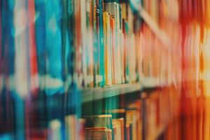 Soft blurred abstract library background with books, peaceful reading vibe. photo