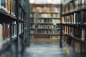 Soft blurred abstract library background with books, peaceful reading vibe. photo