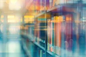 Soft blurred abstract library background with books, peaceful reading vibe. photo