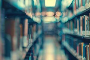 Soft blurred abstract library background with books, peaceful reading vibe. photo