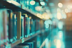 Soft blurred abstract library background with books, peaceful reading vibe. photo