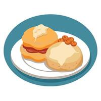 Homemade buttermilk biscuits with sausage gravy and crispy bacon on a rustic plate vector