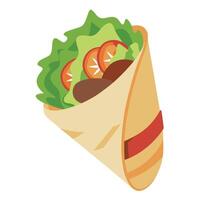 Grilled chicken and bacon wrap with lettuce and tomato. cut in half. on white paper. vector
