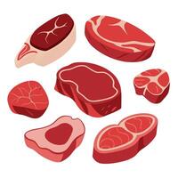 Assorted raw steaks set. top viewFresh meat cuts collection isolated on white background. vector