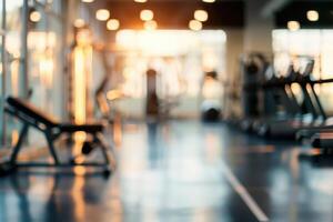 Blurred gym background with exercise machines, dynamic and energetic fitness space. photo