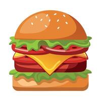 Close-up of a gourmet cheeseburger with bacon. lettuce. red onion. and sauce on a wooden table. vector