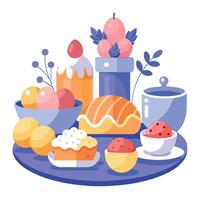 Easter Brunch Spread With Pastries And Fruits. Creating Festive And Delicious Meal vector