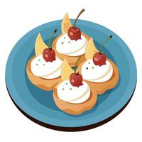 Delicious canapes with pear. goat cheese. and pancetta crisps on the plate close up vector