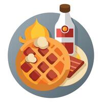A white plate holds waffles topped with bacon and other toppings. beside a bottle of booze vector