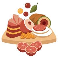 Assortment . sliced meat appetizer. prosciutto. salami and ham. with olives on white table vector