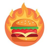 Flaming gourmet burger with lettuce. tomato. and bacon against a fiery background. vector