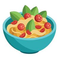 BLT Pasta Salad. Close-up of pasta salad with bacon. cherry tomatoes. and vegetables in a bowl. vector