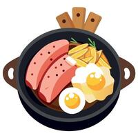 German dish Smoked pork with sauerkraut and fried potatoes in a cast iron pan on a rustic table vector