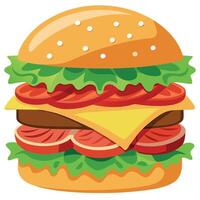 A juicy hamburger topped with crispy bacon. fresh lettuce. ripe tomato. and melted cheese vector