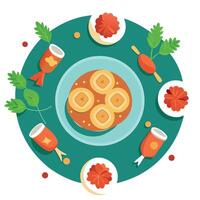 Italian Christmas tabletop with stuffed puff pastry rolls viewed from above with space for text vector