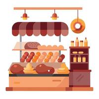 A variety of meats and sausages are on display at a deli counter. illuminated by warm lighting. vector