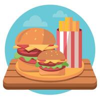 Hamburgers with bacon and fries on the wooden plank in front of the cafe background vector
