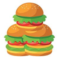 Four big burgers with lettuce. tomatoes. onion and cucumber on a transparent background. vector