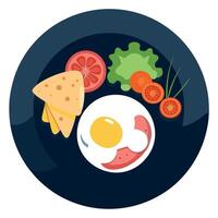 Delicious plate with ham and cheese. scrambled eggs and salad. top view dark background. vector