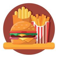Burger and fries on wooden background. Burger with cheddar cheese. bacon and onion. vector