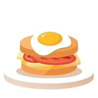Bacon and egg breakfast sandwich in a white kitchen on the table with a runny yolk. vector