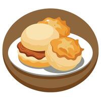 Close-up of Southern biscuits with sausage gravy and crispy bacon on a rustic plate vector