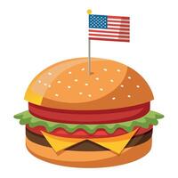 Close Up of A Delicious Bacon Cheeseburger With American Flag Toothpick on A Wooden Table vector