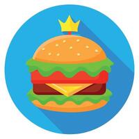 A burger with beef. lettuce. tomato. onion and cheese. Cucumber with blue background and crown vector