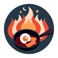 A frying pan with eggs and bacon over an open campfire against a backdrop of flames and smoke vector