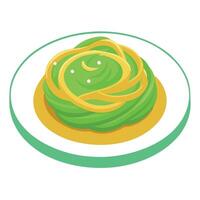A plate of pasta. possibly tagliatelle or fettuccine. generously coated with a green sauce vector