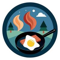 Cooking crispy bacon and fried eggs in a cast iron skillet over a campfire while camping vector