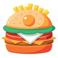 A delicious cheeseburger with a fried egg on top and a side of crispy french fries. vector