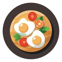 Delicious fried eggs with veggies on a wooden table top view with copy space image vector