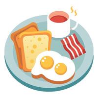 A breakfast serving of scrambled eggs. crispy bacon. and golden toast slices. on a light surface vector