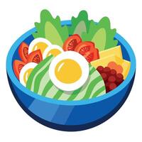 A hearty Cobb salad featuring rows of bacon. eggs. avocado. chicken. and blue cheese crumbles vector