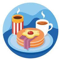 Delicious Breakfast with Pancakes. Bacon. and Coffee on a White Plate in a Cozy Setting vector