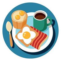 Buttered grilled toasts with fried eggs and crispy bacon and coffee - breakfast plate closeup vector