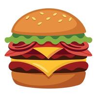 Beef Burger. Hamburger or Beefburger with Bacon. Fried Onions. Tomato Sauce. Pickled Cucumbers vector