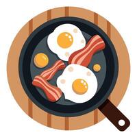 Fried Eggs with Bacon in Cast Iron Pan on Wooden Table. breakfast. eggs. bacon. cast iron vector