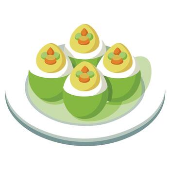 Avocado Deviled Eggs on white plate. Horizontal. close-up. side view. Festive atmosphere. vector