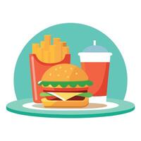 A burger with meat. lettuce. tomato. and sauce on a plate next to French fries on a table. vector