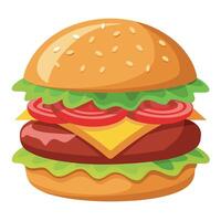 Juicy grilled chicken burger with bacon. lettuce. tomato. pickles. and sauce on a toasted bun. vector