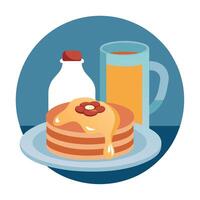 Buckwheat pancakes with a side of crispy bacon and a small jug of maple syrup on modern plate. vector