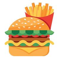 Close-up of a delicious cheeseburger with bacon. lettuce. and tomato. served with golden fries vector